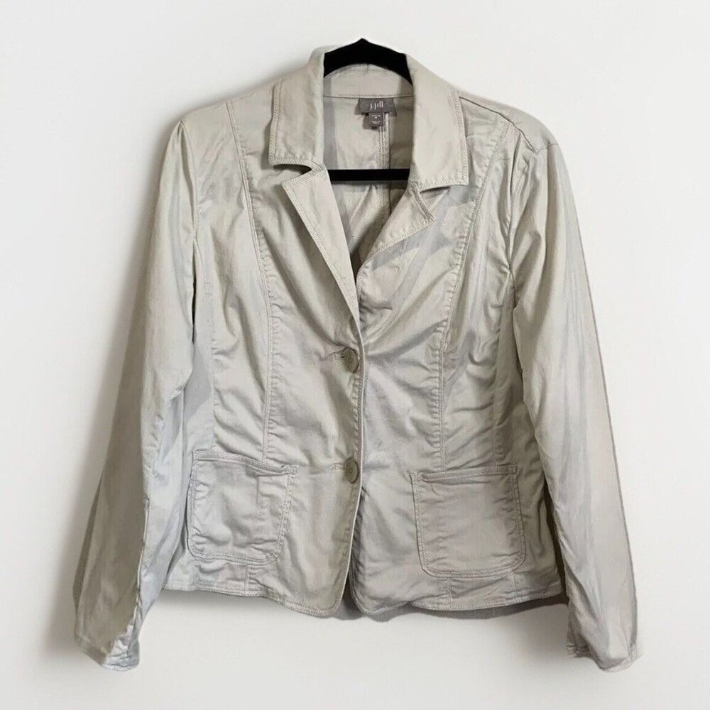 J. Jill Stretch Womens Utility Jacket Size Medium Khaki Twill Pockets Minimalist